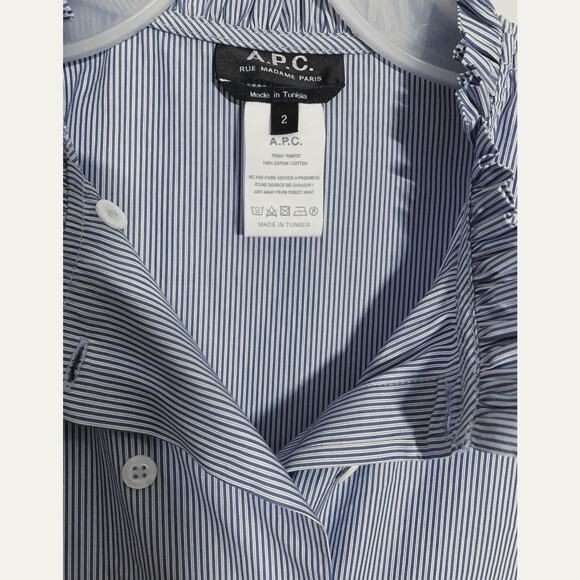 A.P.C. Blouse Light Blue White Ruffle Women’s Sz 2 Lagenlook Boho Rue Madame Top - Picture 6 of 8